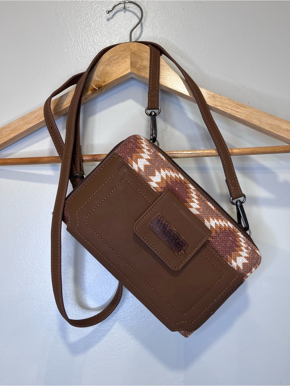 Wrangler Brown Patterned Crossbody with Woven Accent